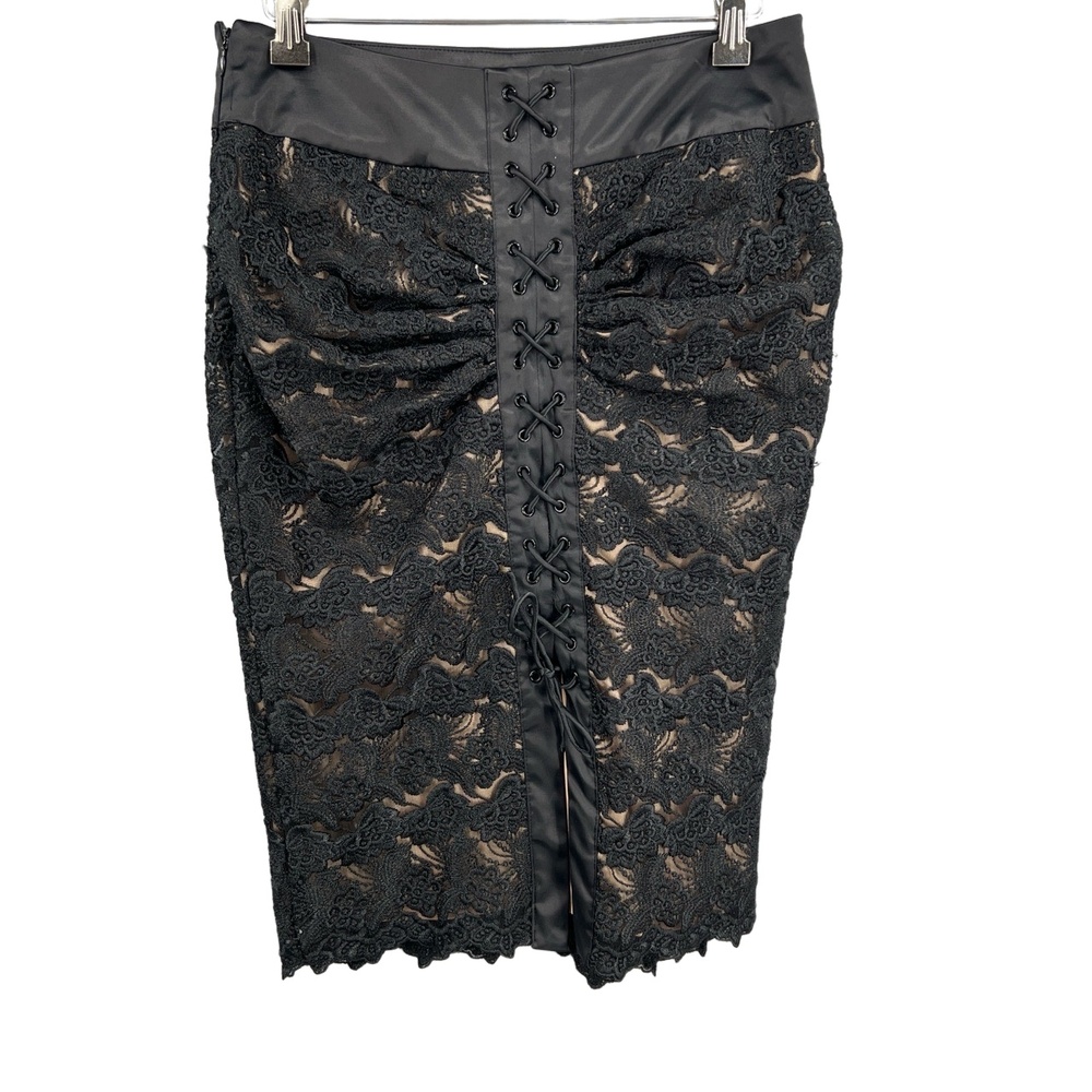 Bebe Skirt Black Lace Overlay Corset Lacing Ruched Back Romantic‎ Goth Size 6